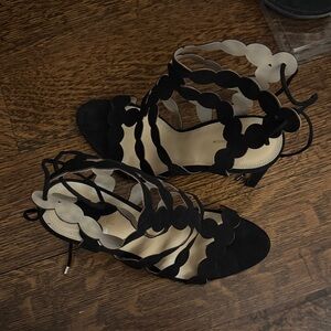 BCBGeneration Black Scalloped Lace-Up Heeled Sandals